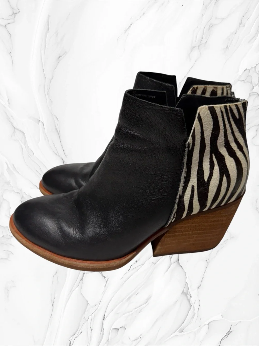 Kork-Ease Black Leather Ankle Boots with Zebra-Print Heel Panel 7.5